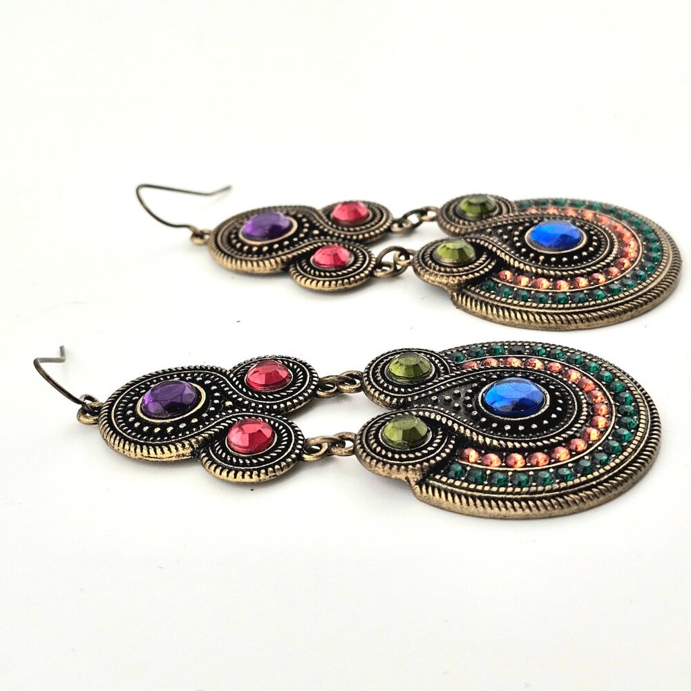 Boho Multicolor Rhinestone Drop Earrings Antique Gold Statement - Picture 6 of 7